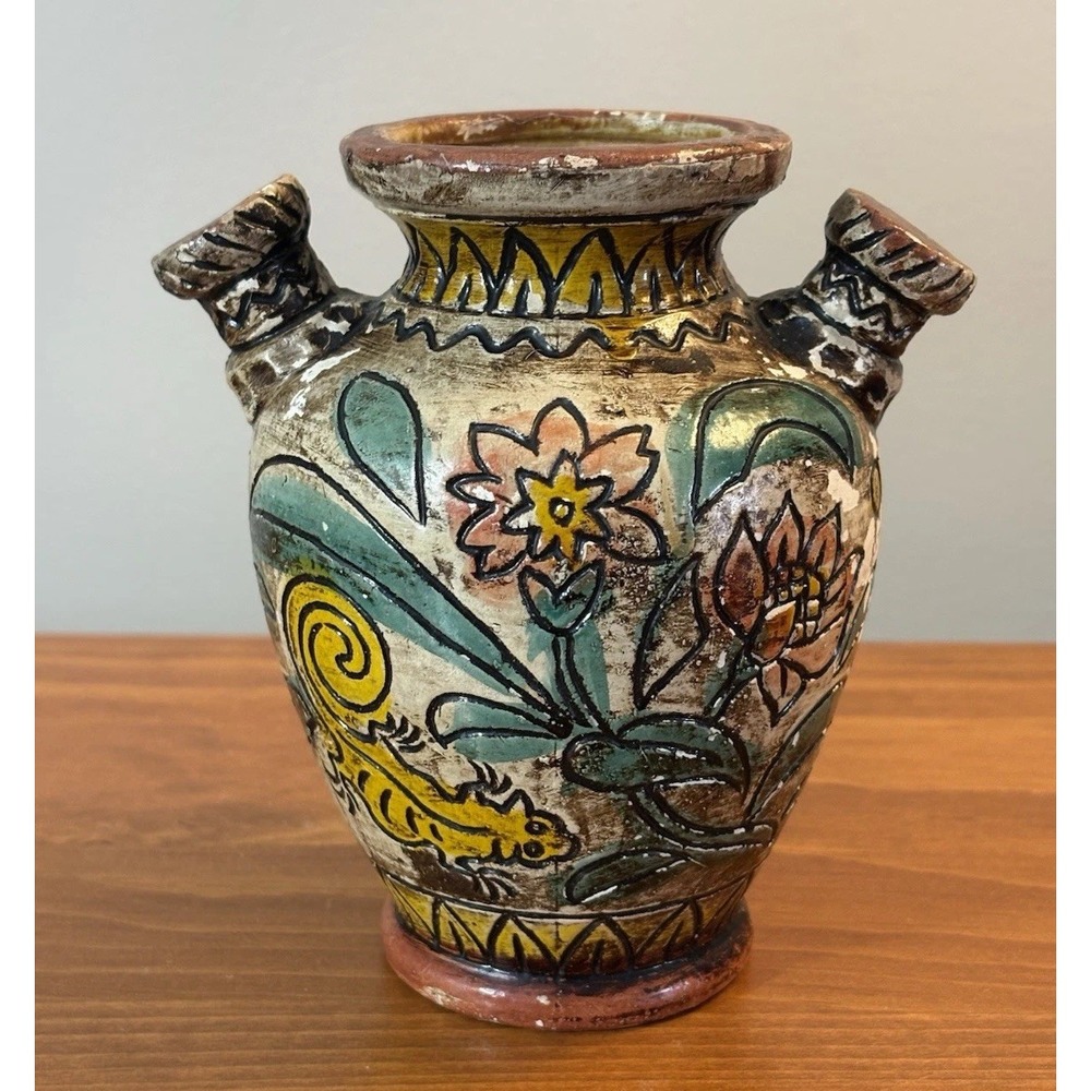 Vintage 6” Made Japan Hand Painted Vase W Lug Handles. Primitive Floral Design